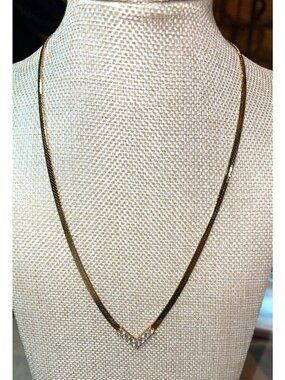 Vintage 70s Gold Herringbone V Rhinestone Necklace Korea